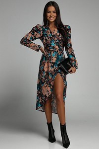 Brown Floral Puff Sleeve Wrapover Belted Midi Dress