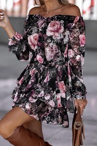Black Pink Floral Print Tiered Hem Bardot Dress